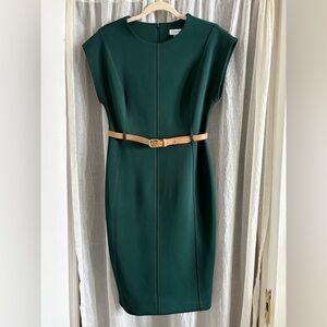 Calvin Klein Emerald Green Midi Sheath Dress with Brown Belt Size 6 - Like New